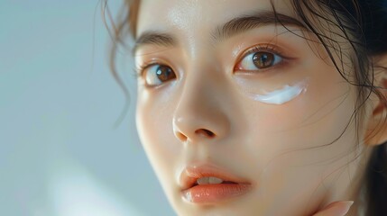 An Asian model gently patting eye cream around her eyes, close-up shot focusing on the delicate eye area, soft lighting, minimalist setting, capturing the essence of eye care, hd quality,