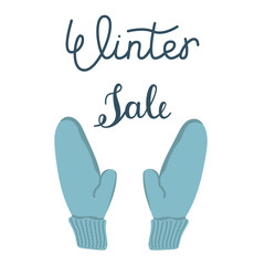 Vector illustration of knitted mittens. Set of warm clothes for the cold season. Concept of a winter sale.