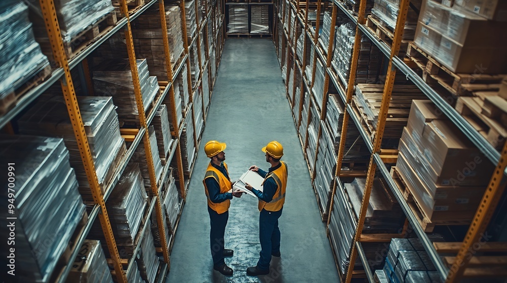 Poster Portrait of engineers workers planning and talking in empty warehouse to design the arrangement of product shelves Team foreman talk details work : Generative AI
