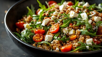 Fresh and healthy salad with cherry tomatoes, arugula, feta cheese, and grains in a black bowl. Perfect summer meal.