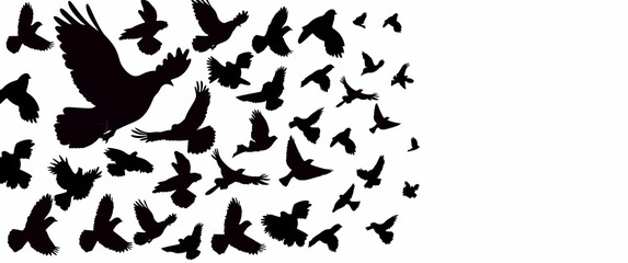 Silhouette of various birds in flight, creating a dynamic and artistic atmosphere.