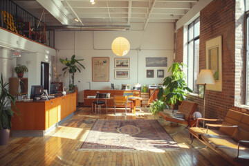 Empty office with Original concrete ceiling and wooden furniture