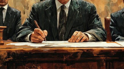 Obraz premium A man in suit is signing document at table, surrounded by others in formal attire, conveying serious atmosphere.