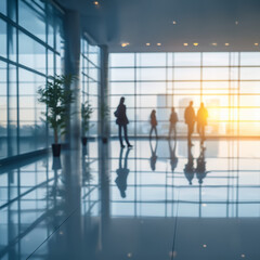 Silhouettes à contre-jour de personnes dans un hall moderne avec de grandes vitres, illuminées par la lumière du coucher du soleil, créant une ambiance professionnelle et sophistiquée
