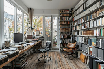 Office in industrial loft interior - concept in green park area