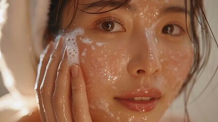 An Asian model scrubbing her face with a gentle exfoliant, her skin glowing and smooth, soft natural light, minimalist background, highlighting the skincare routine and rejuvenation, hd quality,