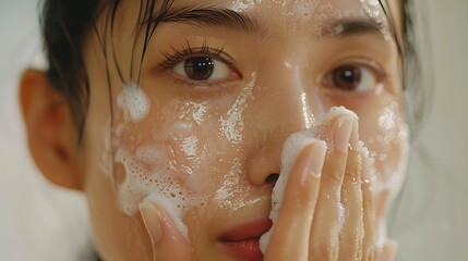 An Asian model scrubbing her face with a mild exfoliant, her skin glowing and smooth, soft lighting, minimalist background, highlighting the rejuvenation of the skincare routine, hd quality,