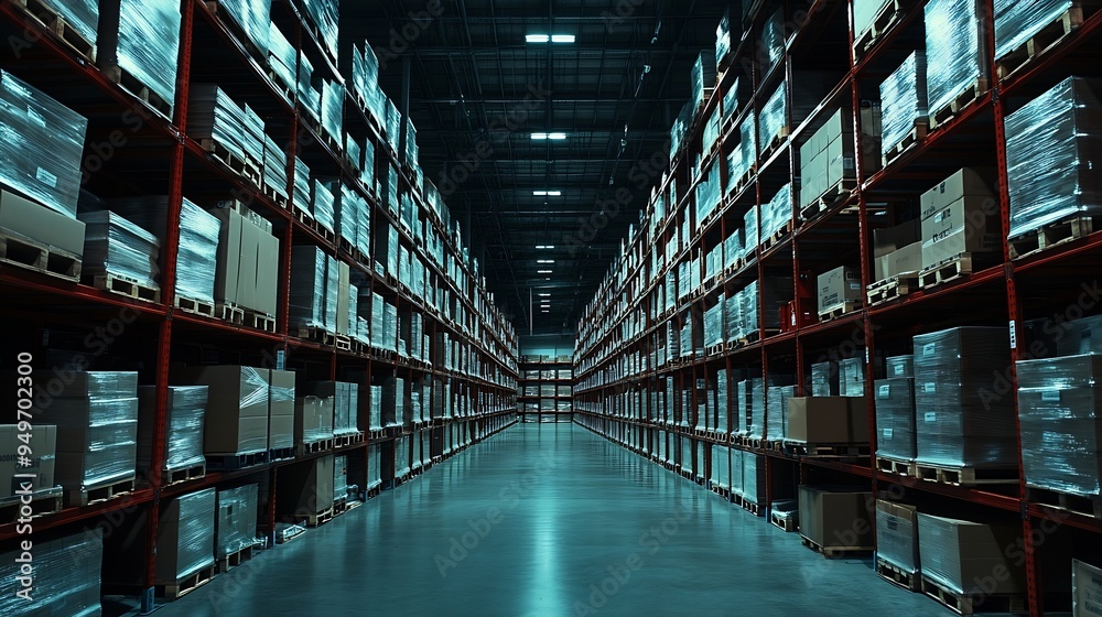 Poster large storage warehouse there is a walkway in the middle between the shelves : generative ai