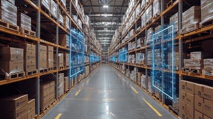 A modern warehouse with organized shelves and digital overlays, showcasing efficient storage and logistics solutions.