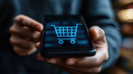 A person points at a smartphone displaying an online shopping cart, symbolizing digital commerce and modern retail experience.