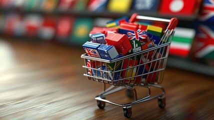 A shopping cart filled with colorful boxes representing various countries, ideal for global commerce themes.