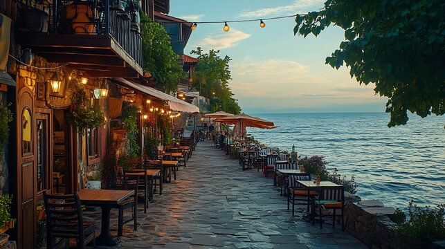 Outdoor cafes and restaurants on the Black sea coast in old town of Nessebar Sea resort in Bulgaria : Generative AI