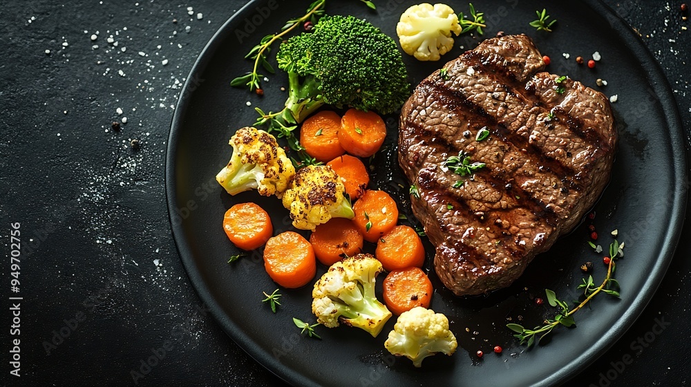 Poster delicious fresh beef and vegetables carrots broccoli cauliflower on a black plate on a dark concrete