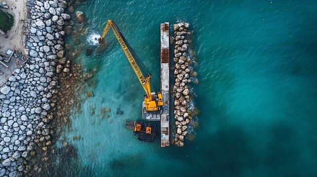 Aerial view of breakwater construction Crane puts tetrapods on breakwater construction : Generative AI