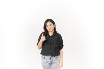 Fototapeta premium Young Asian woman showing thumbs up, okay or agree concept wearing Black t-shirt and jeans isolated on white background