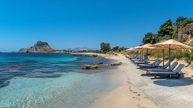Kardamaina Kos Greece 04 May 2015 Luxury resorts and beaches with sun loungers and umbrellas at natural coastal landscapes Kos Island Greece with blue sky : Generative AI