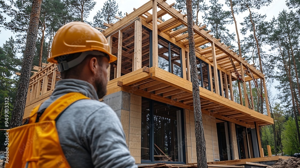 Poster worker building wooden twostory house near the forest man in work clothes and hard hat reviewing the