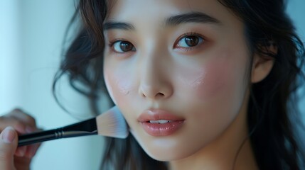 An Asian model using a makeup brush to apply foundation, her skin flawless and dewy, set against a minimalist background, soft lighting enhancing her radiant complexion, hd quality, beauty shot.