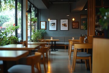 Fototapeta premium Cozy restaurant interior with wooden furniture and plants, creating a welcoming atmosphere.