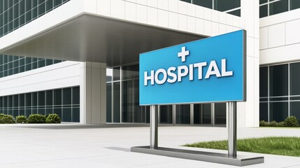 Visible "HOSPITAL" Signage with Plus Symbol, Professional Entrance, Hygienic Healthcare Setting