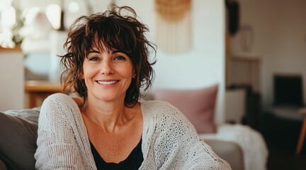 a Smiling middle aged woman sitting on sofa at home, single mature senior in living room 