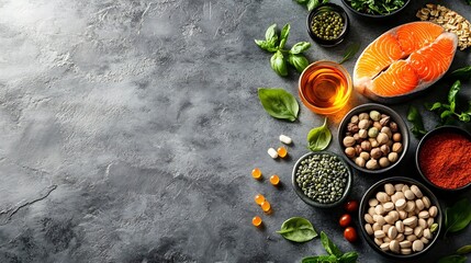 Foods that help maintain eyes healthy supplements for keeping good vision vitamins for eyes Assortment of food for eye health on concrete background flat lay top view : Generative AI