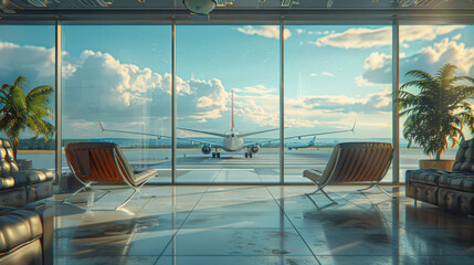Fototapeta premium Empty airport terminal lounge with airplane on background