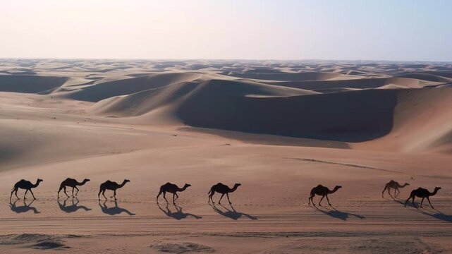 Camel walking in sand dune the lonely vast empty desert with owner riding off road car.