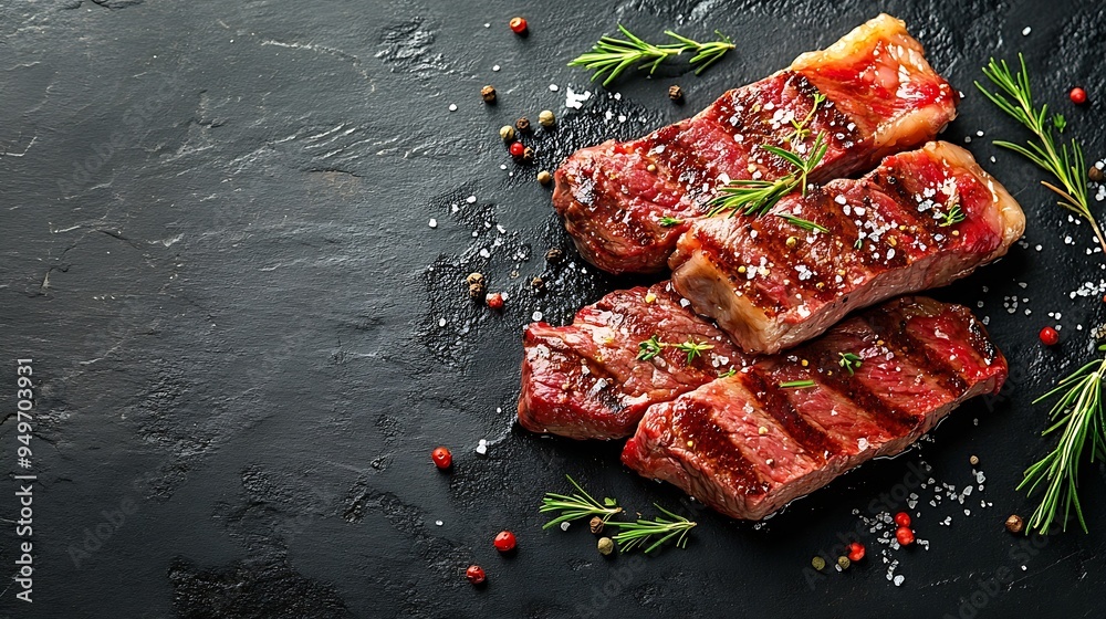Poster delicious juicy pork or beef steak with salt spices and herbs on a textured concrete background : ge
