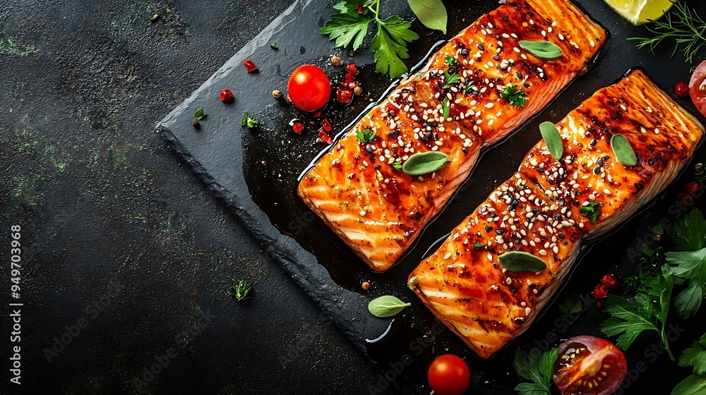 Poster delicious red salmon fish grilled with sauce and sesame seeds with rice vegetables spices and herbs 