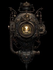 A steampunk-inspired mechanical device with intricate gears and a glowing lens.