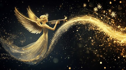 Golden Angel Playing a Trumpet with Sparkles