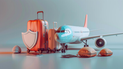 Travel insurance concept. Airplane and luggage with travel insurance policy and protection shield