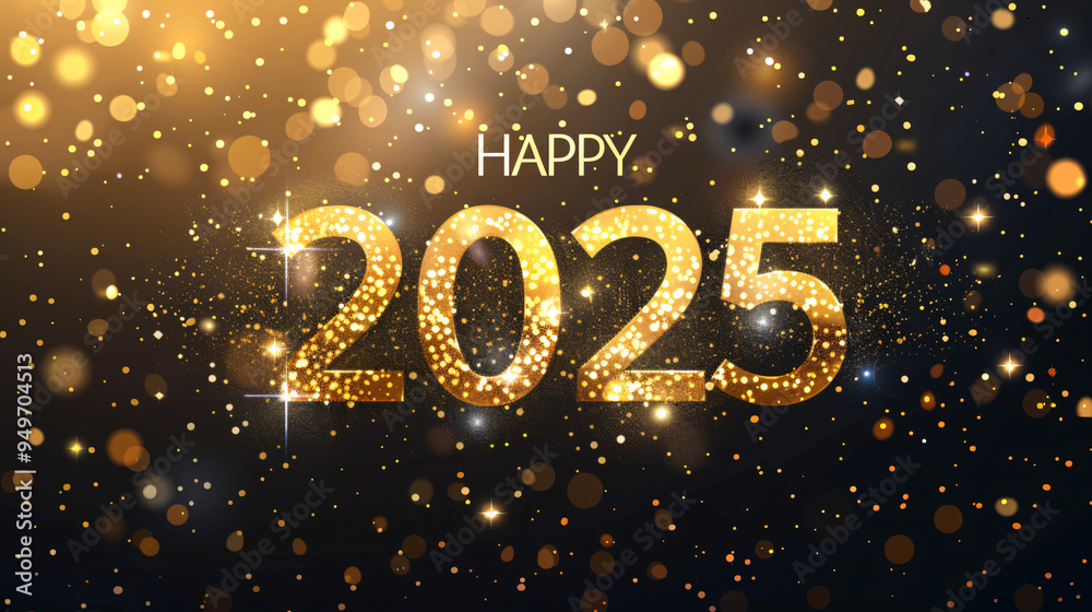 Poster Sparkling glitter effect new year 2025 greeting on a dark background with bokeh