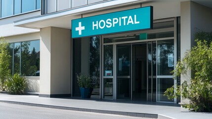 Obraz premium Hospital entrance, modern healthcare facility, emergency services access, medical building exterior, healthcare architecture