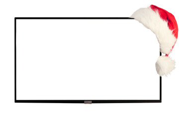 Christmas or New Year gift concept. Santa Led tv screen frame mockup with blank empty plasma screen...
