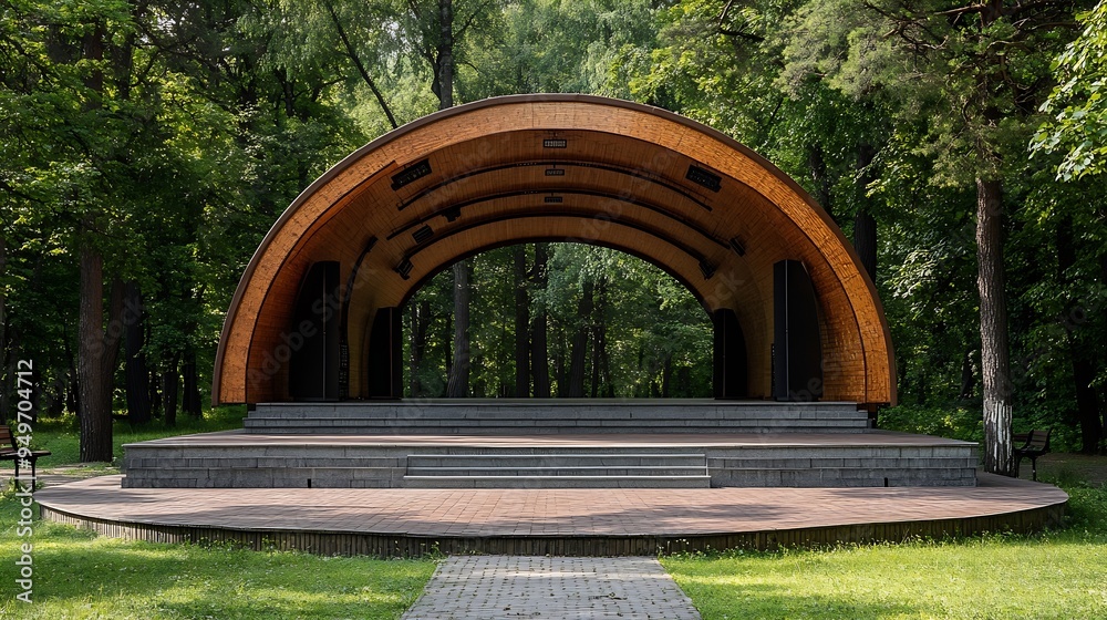 Aufkleber Empty open air stage in a park with a sound projecting roof Akniste Latvia : Generative AI