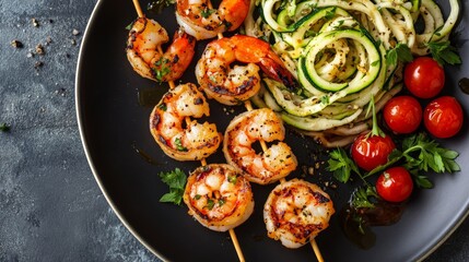 Grilled shrimp on skewers served with zucchini noodles and cherry tomatoes on a black plate. A delicious and healthy seafood dish.