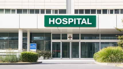 Obraz premium Hospital Façade with Plus Sign, Welcoming Access Point, Prominent Healthcare Signage