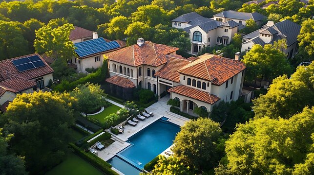 Large mansion houses with swimming pool solar panel roofing in affluent neighborhood North of Dallas Fort Worth metroplex expensive suburban homes surrounding by lush green trees aeria : Generative AI