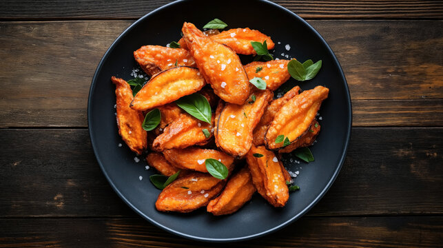 A plate of crispy golden-brown chicken wings garnished with fresh basil leaves and coarse sea salt, placed on a rustic wooden table. - Powered by Adobe