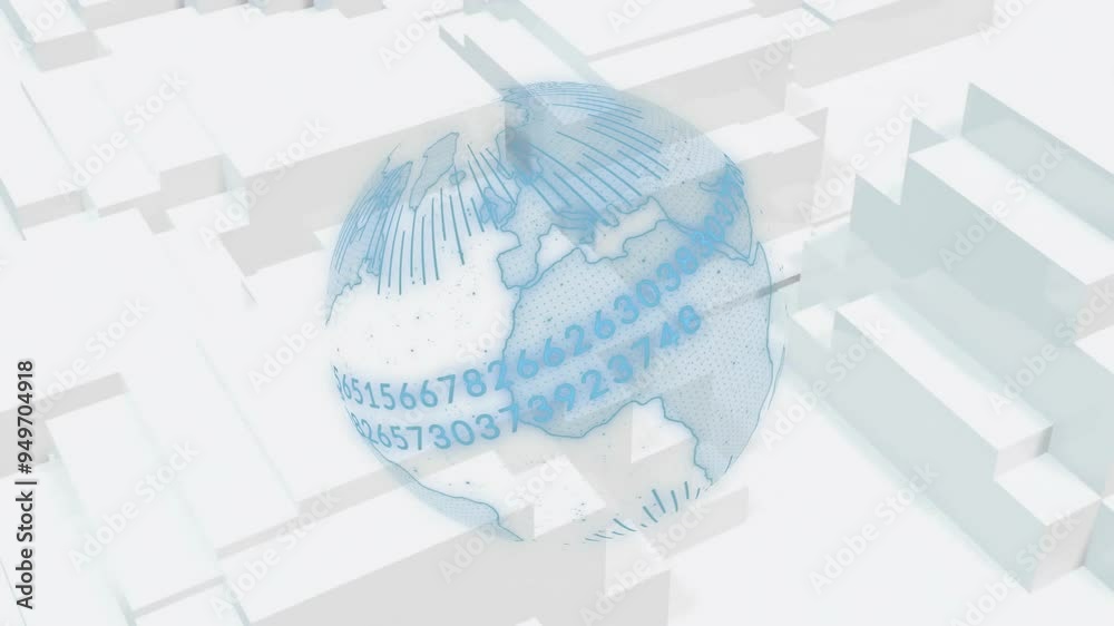 Poster rotating globe with numbers and lines animation over abstract white geometric shapes
