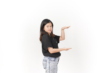 Young Asian woman Measuring and Showing Big Product wearing Black t-shirt and jeans isolated on white background