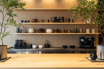 kitchenware counters, walls, and shelves with a modern Japandi minimal style, emphasizing a clean and light serene aesthetic: