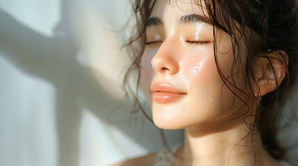 Naklejka premium An Asian model with glowing, healthy skin and a natural look, soft natural light, minimalist setting, emphasizing purity and simplicity, hd quality, beauty and skincare focus. --ar 16:9 --v 6.