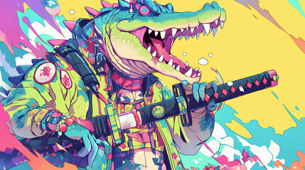 Cute crocodile wearing Japanese samurai armor, cool poses, cute kawaii, simple, smiling happy. neon psychedelic background