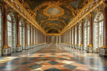 Fototapeta premium Ornate Hallway with Gold Accents and Checkered Marble Floor