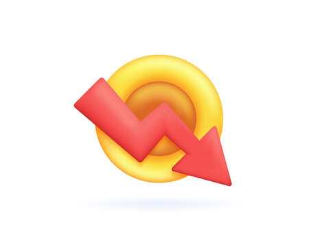 recession concept. a decline in the economy, profits, or income. currency value falling. illustration of a coin with a downward arrow. economic and financial problems. minimalist 3d style design
