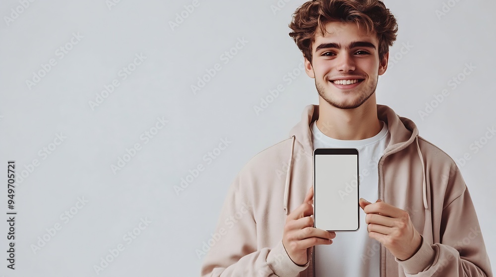 Poster handsome young man holding a smartphone mockup with a blank screen and smiling on a white background