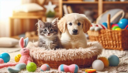 a cute kitten and a cute puppy together in the bowl